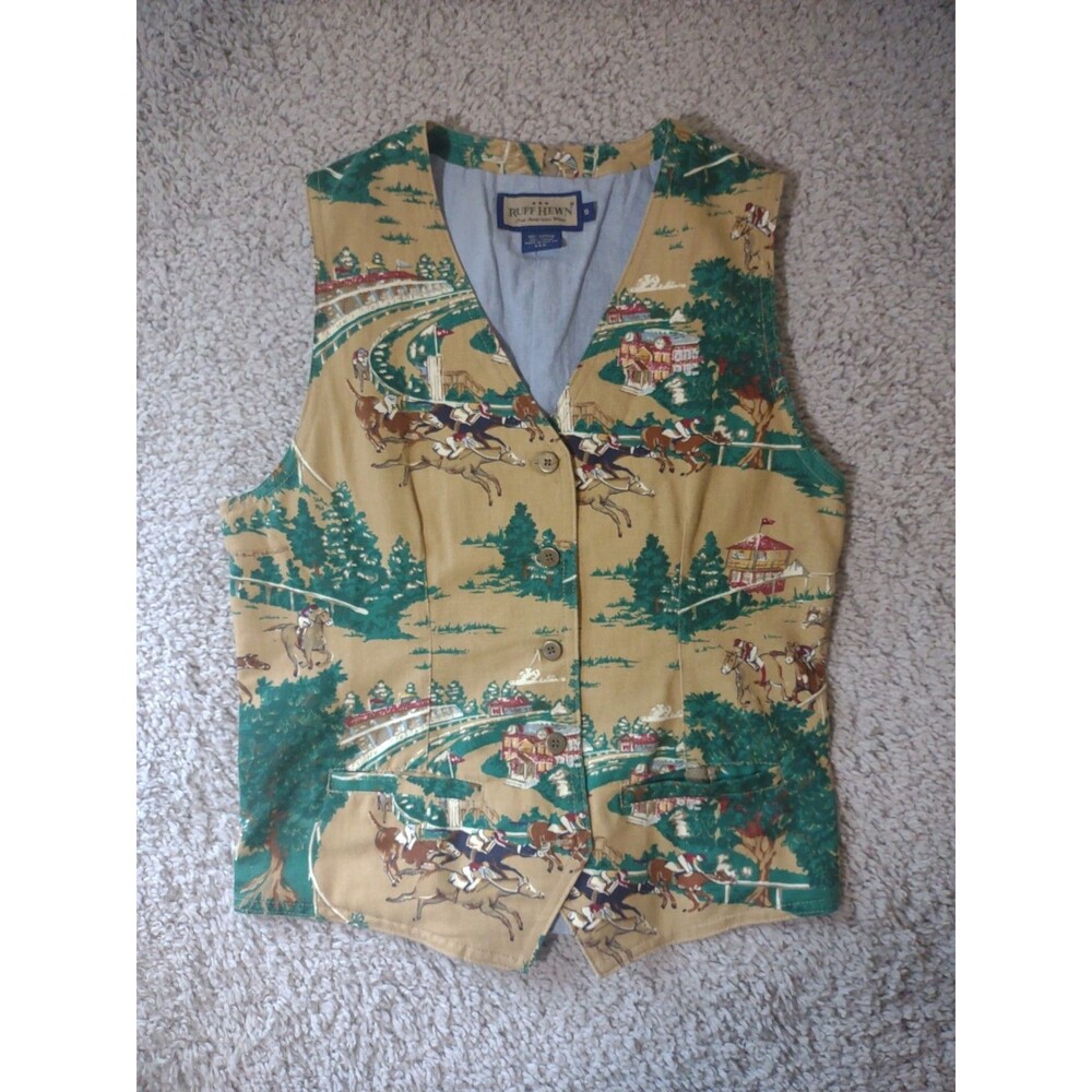 Ruff Hewn Vest Men's Small Equestrian Horse Racing Print Cotton Lined Made USA